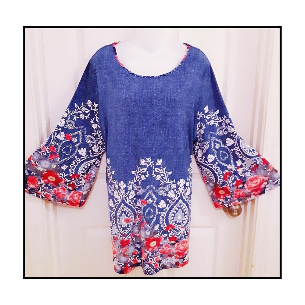 Allison Daley - Plus Size Denim Blue Floral Tunic